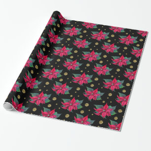 Papier Cadeau Poinsettia Motif et Cercles d'or Enveloppement pap