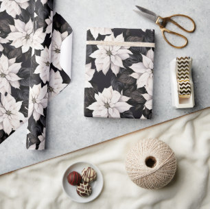 Papier Cadeau poinsettia noir et blanc chic