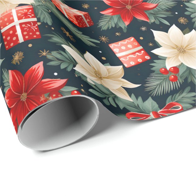 Papier Cadeau Poinsettia Rich Reds & Cream Joli cadeau de Noël (Coin rond)