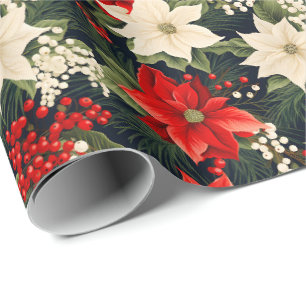 Papier Cadeau Poinsettia Rich Reds & Crème Joli Rouleau de Noël