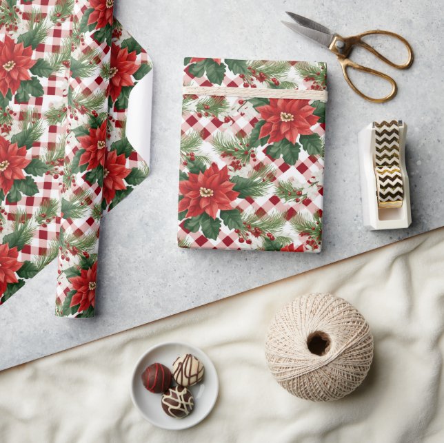 Papier Cadeau Poinsettia Rouge blanc chèque Motif cadeau de Noël (Artisanat)