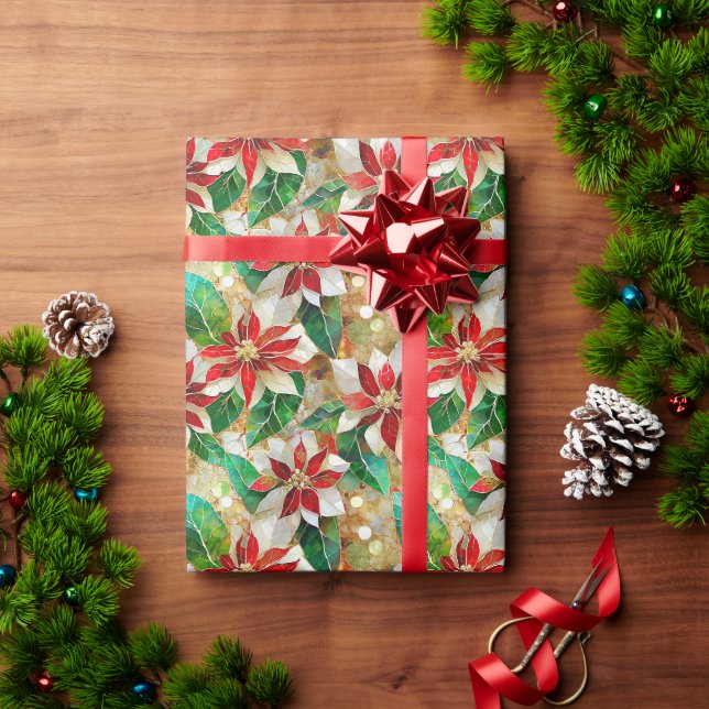 Papier Cadeau Poinsettia rouge blanc vert doré (Cadeau de vacances)