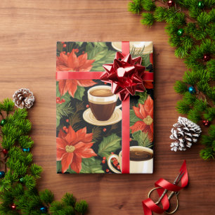 Papier Cadeau Poinsettia Rouge de Noël Chocolat Chaud Noir Vert