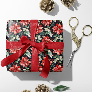 Papier Cadeau Poinsettia rouge, houx, baies rouges de Noël