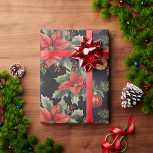 Papier Cadeau Poinsettia rouge, or et noir de Noël