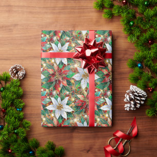 Papier Cadeau Poinsettia rouge or vert blanc doré