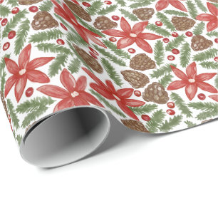 Papier Cadeau Poinsettias Aquarelle Épicéa & Baies Noël