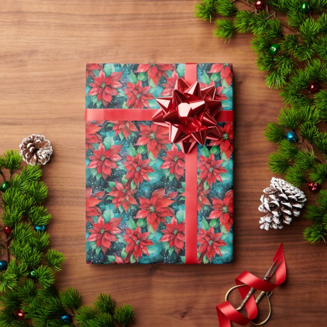Papier Cadeau Poinsettias de Noël Conception traditionnelle de v (Cadeau de vacances)