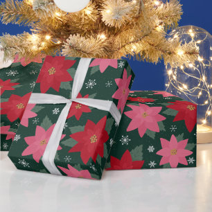 Papier Cadeau Poinsettias de Noël Prépa et Flocons sur Fond Vert