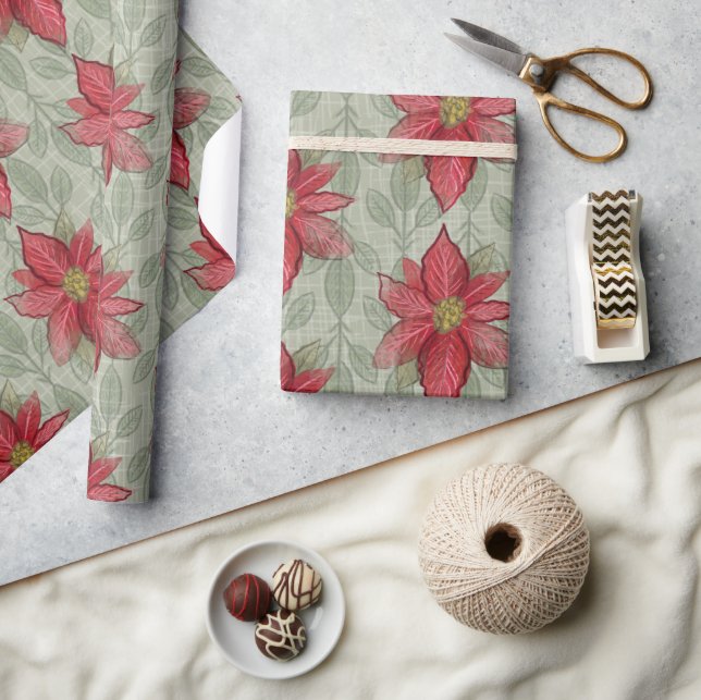 Papier Cadeau Poinsettias de Noël rustique papier enveloppant (Artisanat)
