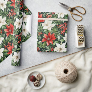 Papier Cadeau Poinsettias et baies de Noël à l'aquarelle