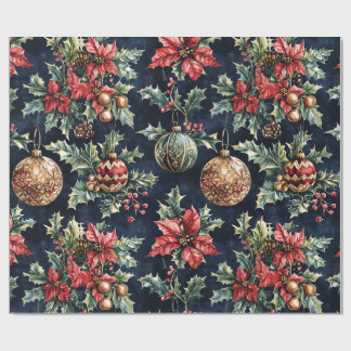 Papier Cadeau Poinsettias et ornements