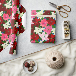 Papier Cadeau Poinsettias multicolores Noël