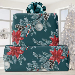 Papier Cadeau Poinsettias Noël Blue Spruce Garland Turquoise