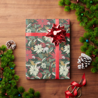Papier Cadeau Poinsettias Oiseaux et rubans vert foncé