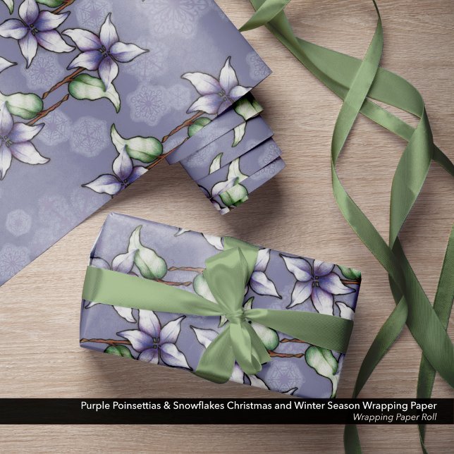 Papier Cadeau Poinsettias pourpres et flocons de neige Noël (Purple Poinsettias & Snowflakes Christmas and Winter Season Wrapping Paper Roll)