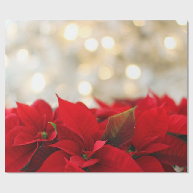Papier Cadeau Poinsettias rouges avec Golden Bokeh Noël (Plat)