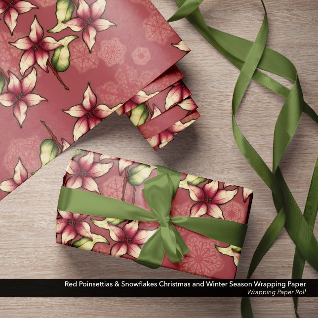 Papier Cadeau Poinsettias rouges et flocons de neige Noël (Red Poinsettias & Snowflakes Christmas and Winter Season Wrapping Paper Roll)