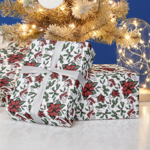 Papier Cadeau Poinsettias rouges saisonnières et Baies blanches