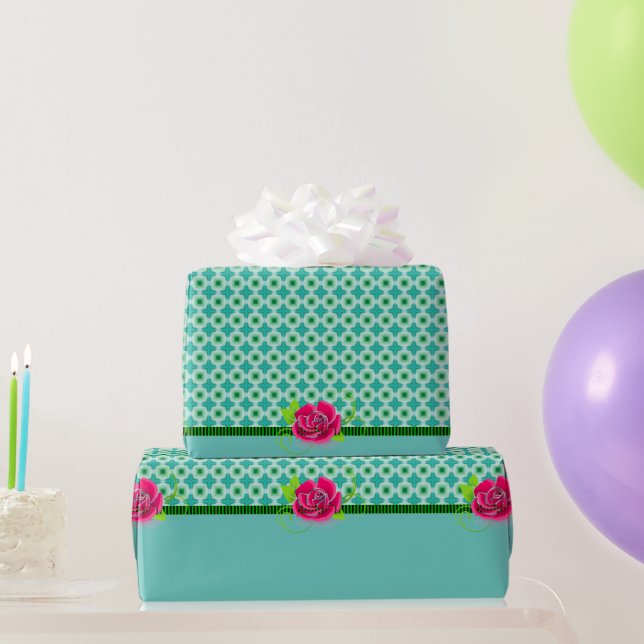 Papier Cadeau Point Aqua & Green Polka | Rose rose avec bande so (Cadeaux de fête)