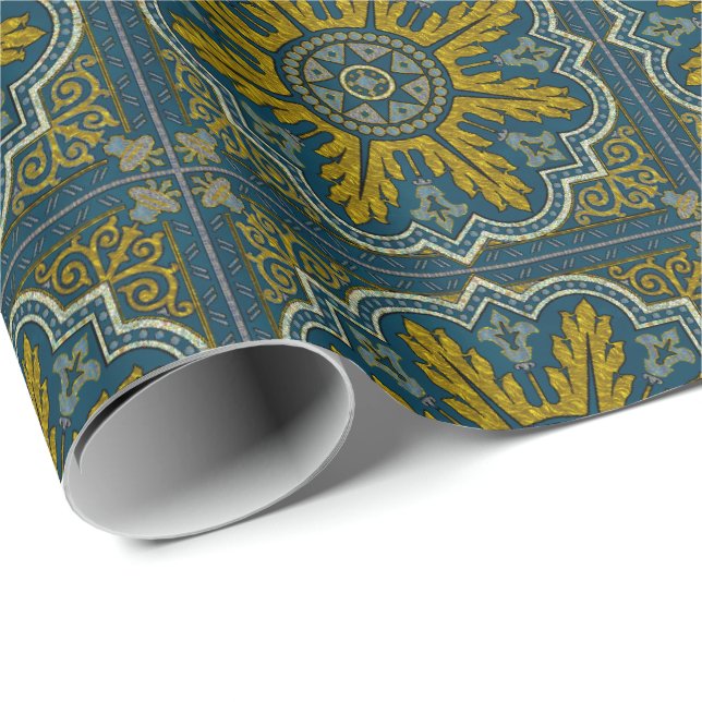 Papier Cadeau Point Déco Blue et Gold Star (Coin rond)