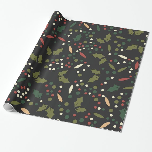 Papier Cadeau Points de vacances sombres Feuilles de houx Noël (Déroulé)