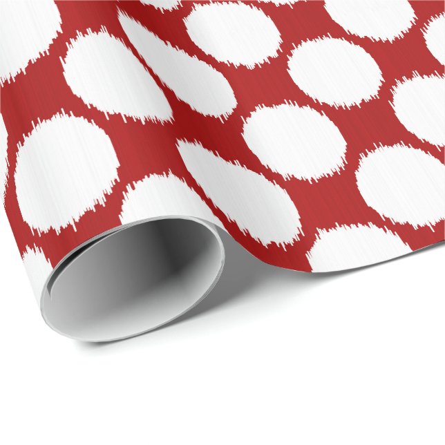 Papier Cadeau Points Ikat géants, points blancs sur rouge profon (Coin rond)