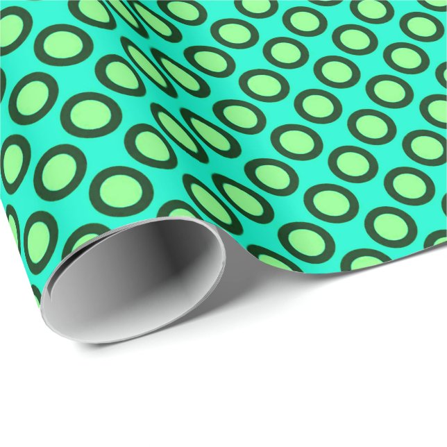 Papier Cadeau Points rétro cerclés, paon et vert clair (Coin rond)
