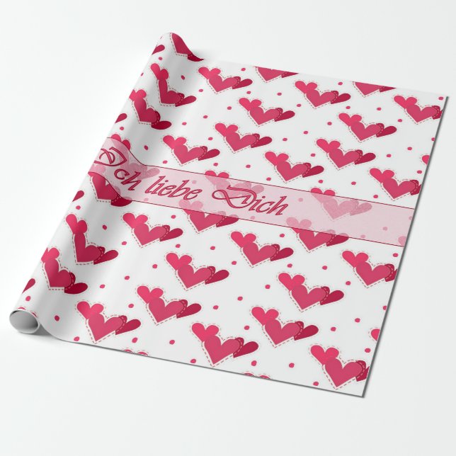 Papier Cadeau Points rouges de coeurs d'amour allemand sur le (Déroulé)