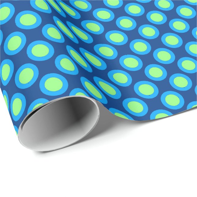 Papier Cadeau Points tournés rétros, bleu cobalt et vert clair (Coin rond)