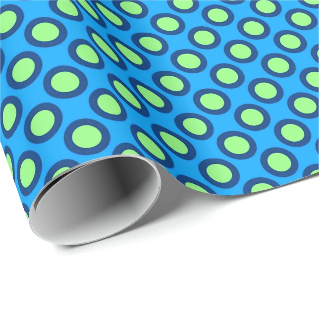 Papier Cadeau Points tournés rétros, bleu et vert (Coin rond)