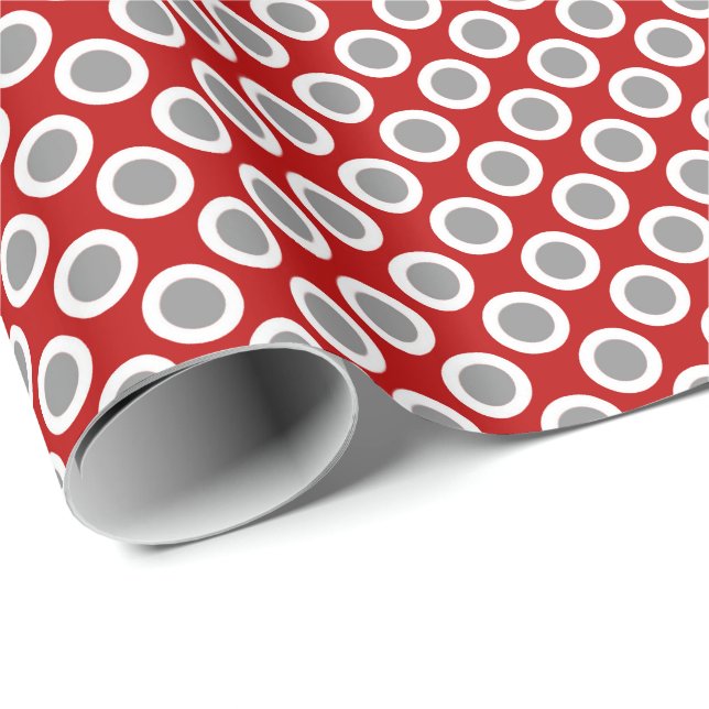 Papier Cadeau Points tournés rétros, rouge profond et gris (Coin rond)