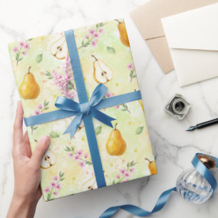 Papier Cadeau Poires jaunes botaniques et fleurs printanières Aq