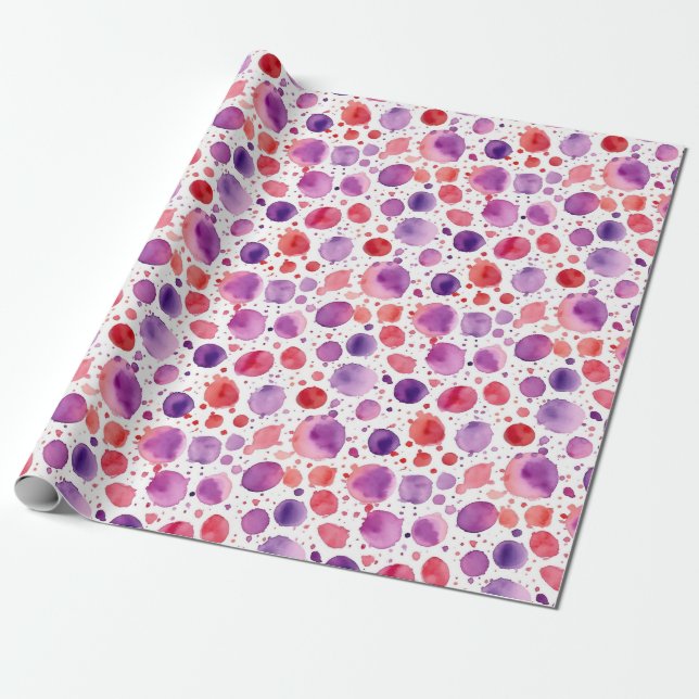 Papier Cadeau Pois d'aquarelle rouge et violet (Déroulé)