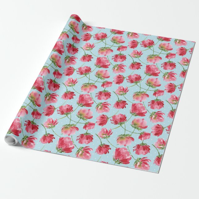 Papier Cadeau Pois  de fleurs d'aquarelle rouge de Crimson (Déroulé)