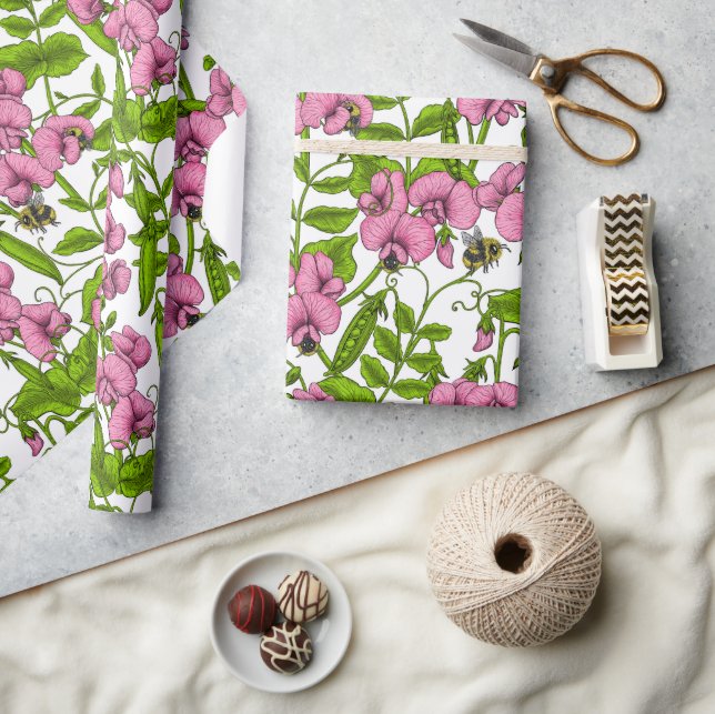 Papier Cadeau Pois doux et bourdons, rose, vert et blanc (Artisanat)