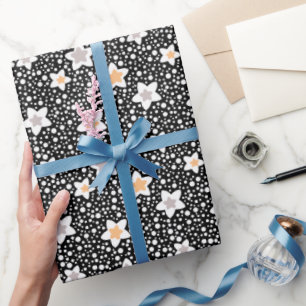Papier Cadeau Pois noir et blanc rétro avec étoiles