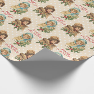 Papier Cadeau Pois vintage de filles de houx de Noël de vacance