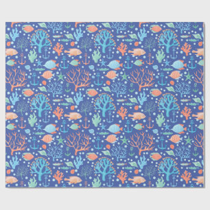 Papier Cadeau Poisson Ange Corail Ancre Marin Sous La Mer Bl