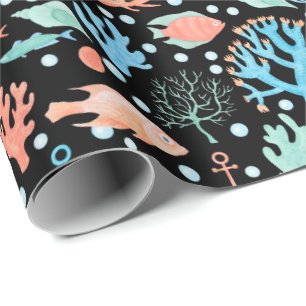 Papier Cadeau Poisson Ange Corail Ancre Nautiles Noir Sous La Me