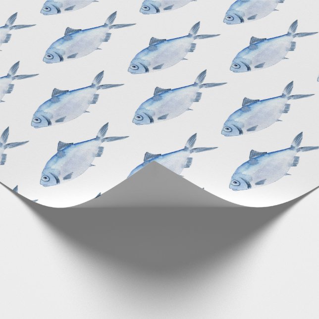 Papier Cadeau Poisson Bleu Aquarelle Côtière (Coin)