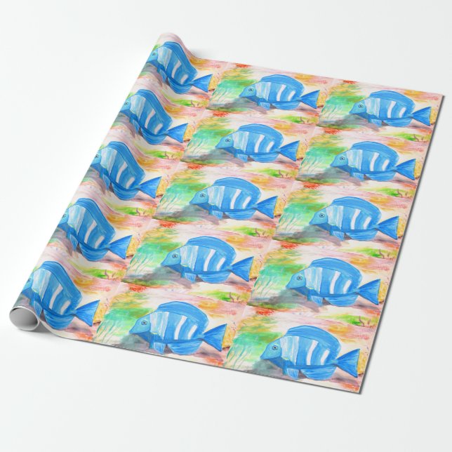 Papier Cadeau Poisson bleu tropical Aquarelle Océan (Déroulé)