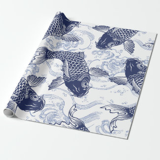Papier Cadeau POISSON DE KOI BLEU ET BLANC Papier à envelopper