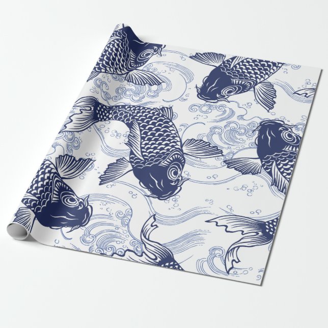 Papier Cadeau POISSON DE KOI BLEU ET BLANC Papier à envelopper (Déroulé)