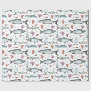 Papier Cadeau Poisson de l'océan à l'aquarelle, corail et algues