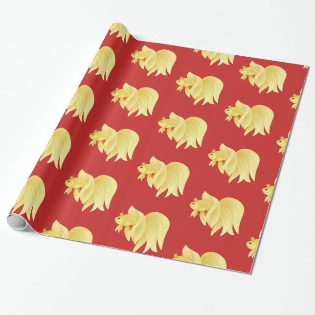 Papier Cadeau Poisson doré princesse sur fond rouge (Déroulé)