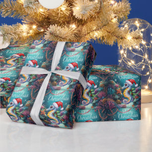 Papier Cadeau Poisson hippocampe Fête de Noël sous la mer