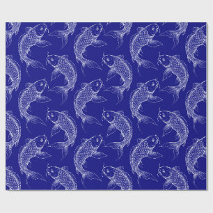 Papier Cadeau Poisson Koi japonais bleu marine et blanc