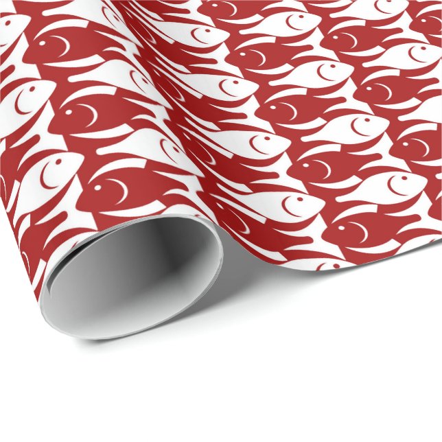 Papier Cadeau Poisson moderne du milieu du siècle, rouge foncé e (Coin rond)