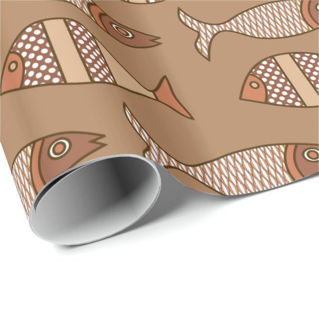 Papier Cadeau Poisson Moderne Rétro, Brun Clair, Beige et Brun C (Coin rond)